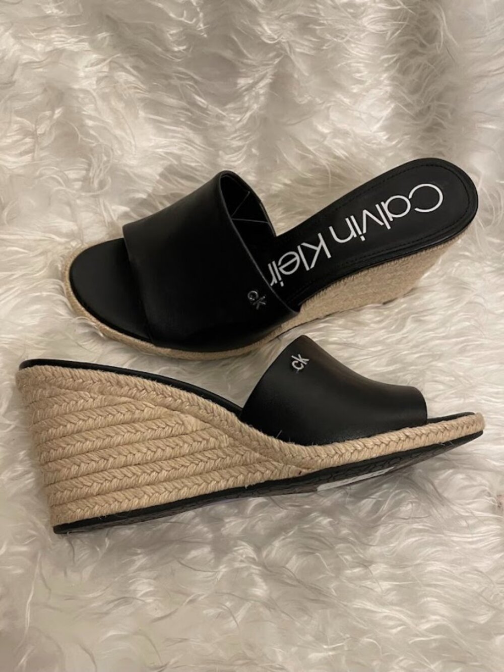 Calvin Klein Bandera Leather Espadrille Wedge Slide Sandals  Size 8.5  NWT